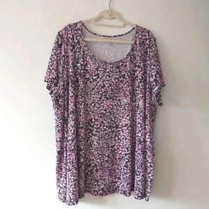 Roamans Long Top Tunic Dress Womens 3X Pink Floral ShortSleeve Cotton Cottagecor